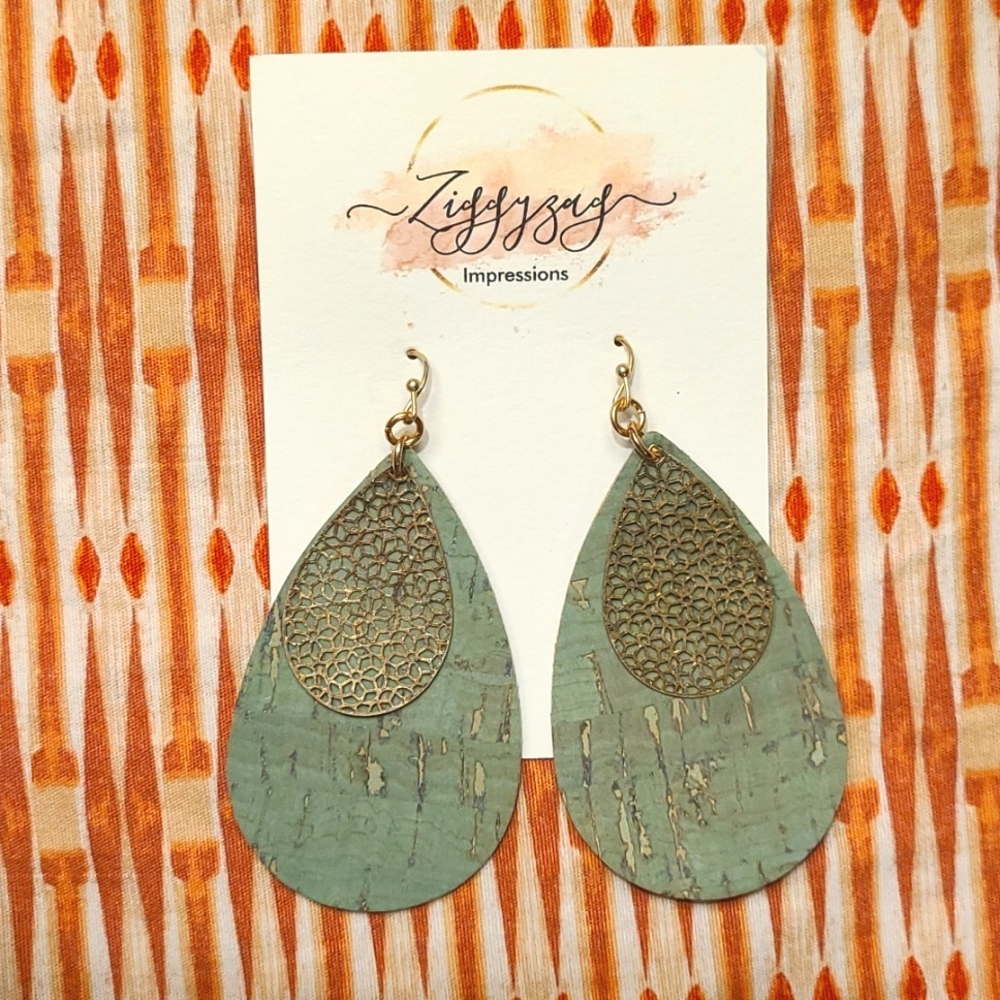 Green leather and Gold earrings